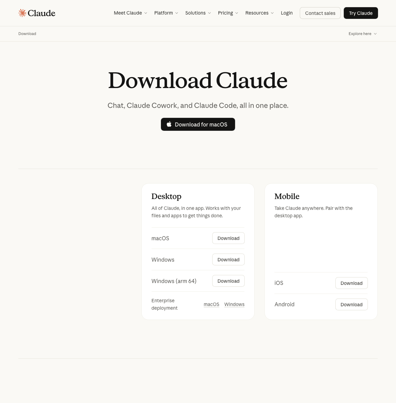 Página claude.com/download mostrando el botón Download for macOS y la tabla de plataformas Desktop (macOS, Windows, Windows arm 64) y Mobile (iOS, Android).